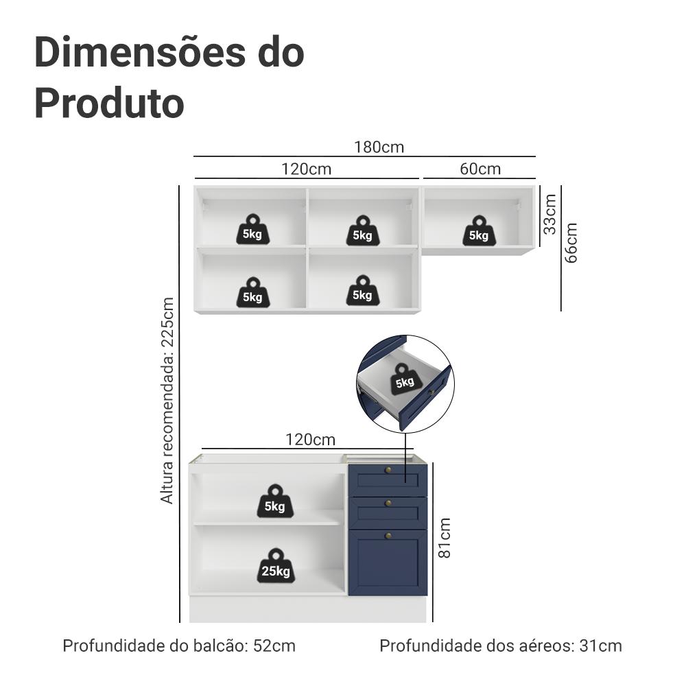 Armário de Cozinha Compacta 180 cm Branco/Azul Vik Madesa 02