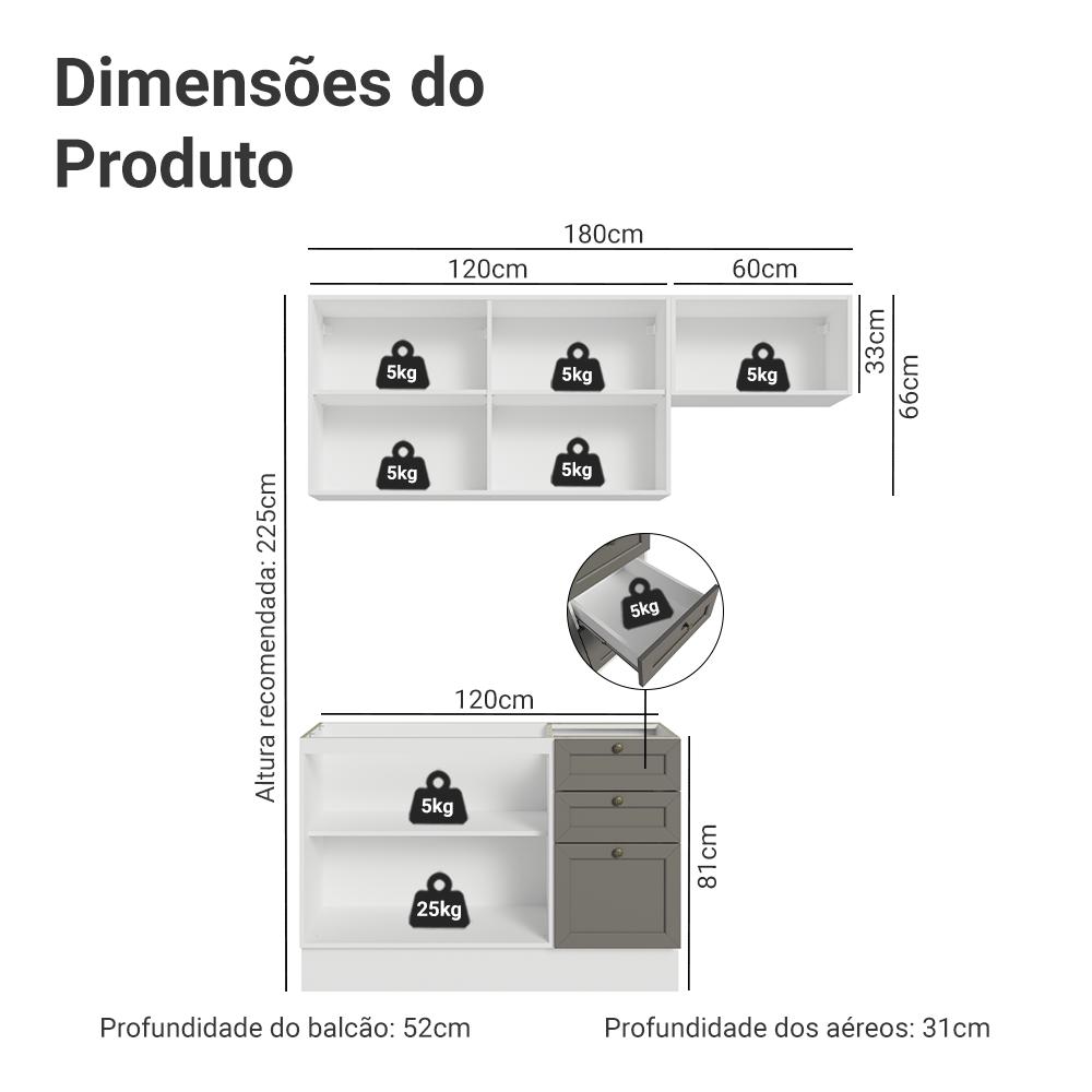 Armário de Cozinha Compacta 180 cm Branco/Cinza Vik Madesa 02