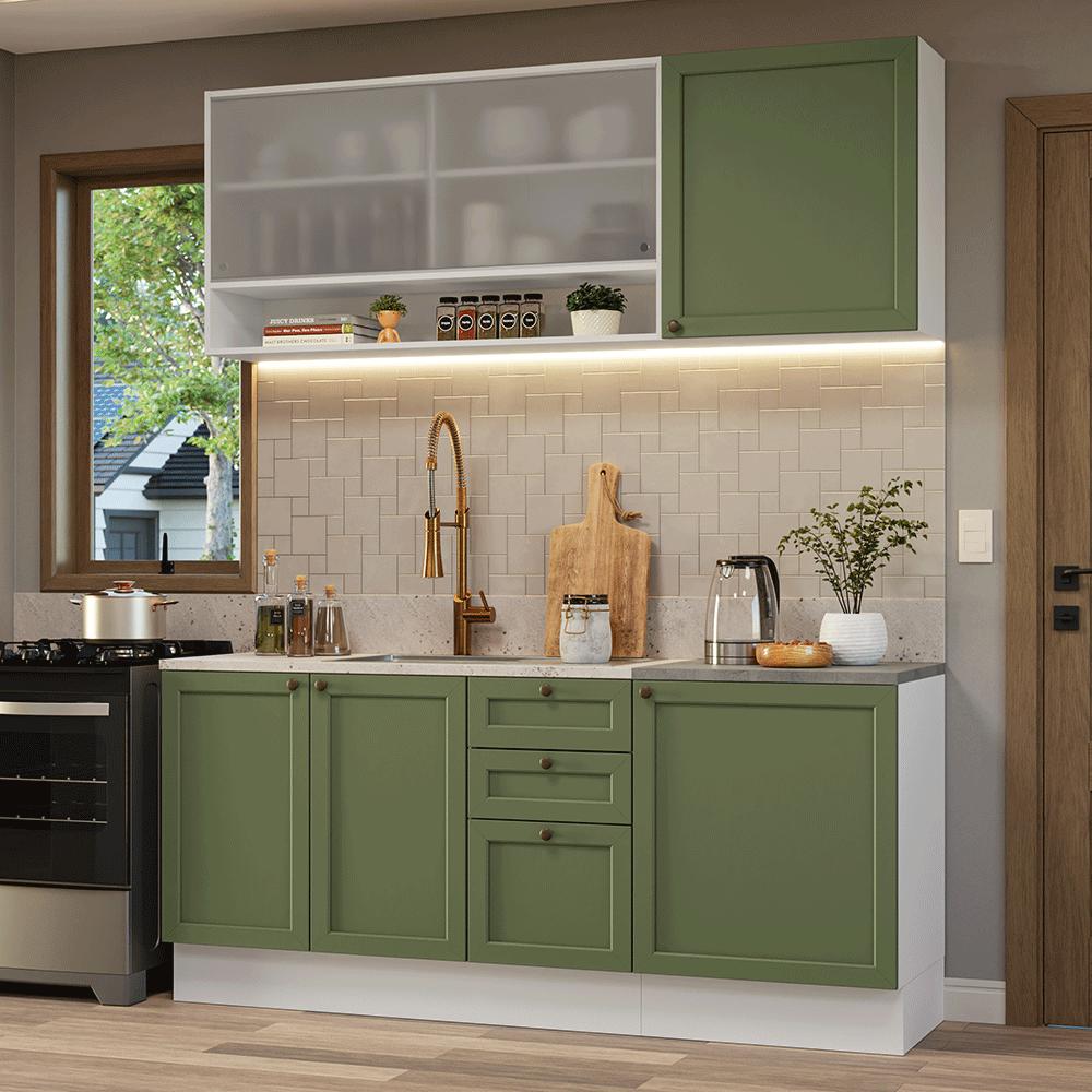 Armário de Cozinha Compacta 180 cm Branco/Verde Vik Madesa 03
