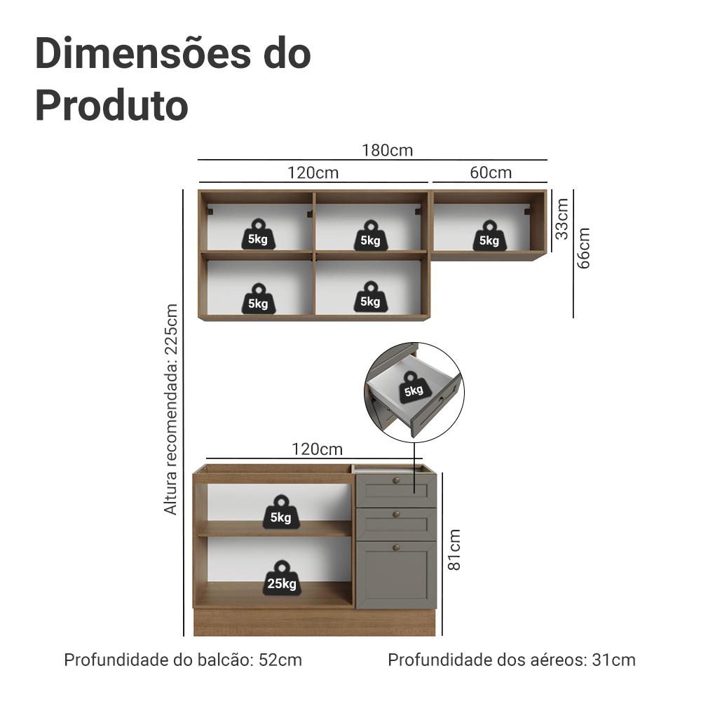 Armário de Cozinha Compacta 180 cm Rustic/Cinza Vik Madesa 02