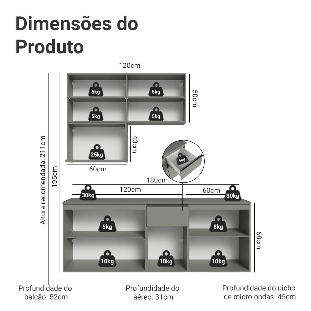 Armário de Cozinha Compacta 180 cm Suspensa Cinza Nice Madesa 03