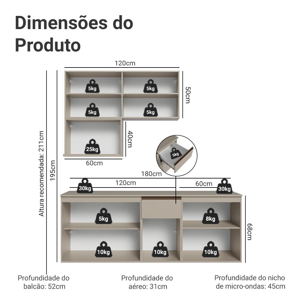 Armário de Cozinha Compacta 180 cm Suspensa Crema Nice Madesa 03