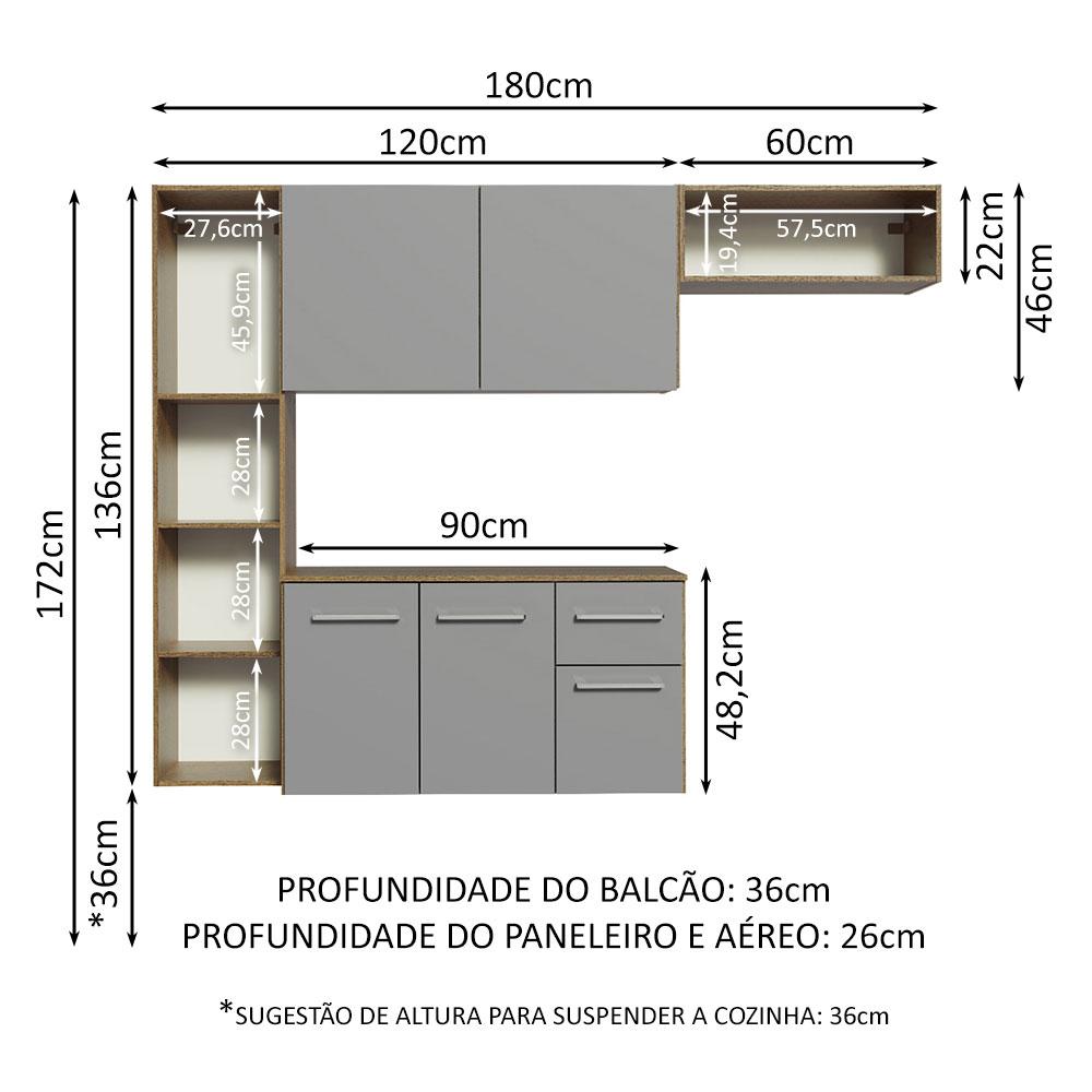 Armário de Cozinha Compacta 180cm Rustic/Cinza Easy Madesa