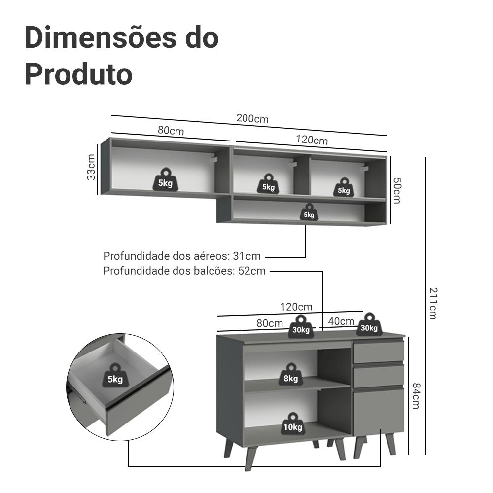 Armário de Cozinha Compacta 200cm Cinza Nice Madesa 13
