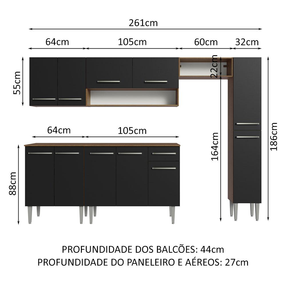 Armário de Cozinha Compacta 261 cm Rustic/Preto Emilly Madesa 09