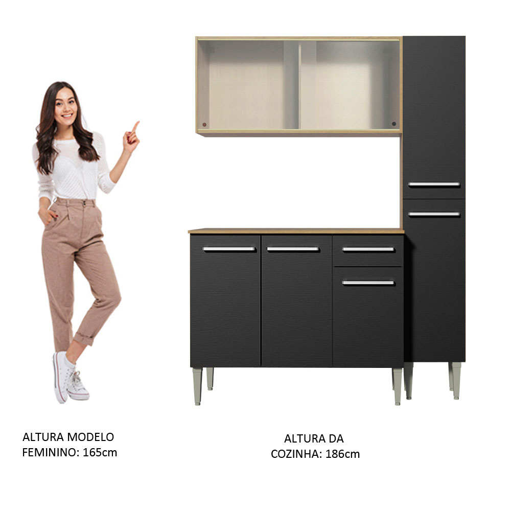 Armário de Cozinha Compacta Madesa Emilly Force com Balcão e Paneleiro - Rustic/Preto