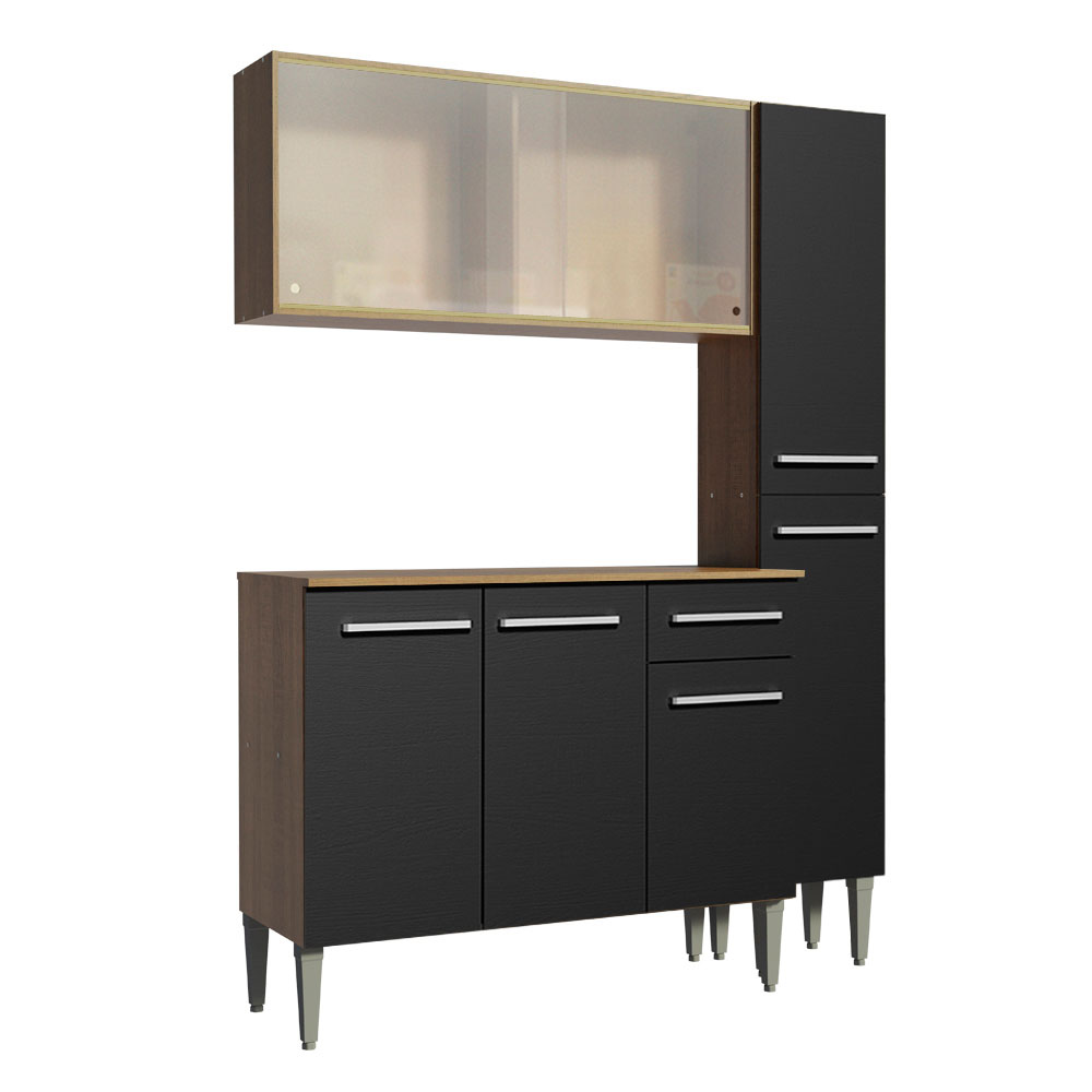 Armário de Cozinha Compacta Madesa Emilly Force com Balcão e Paneleiro - Rustic/Preto