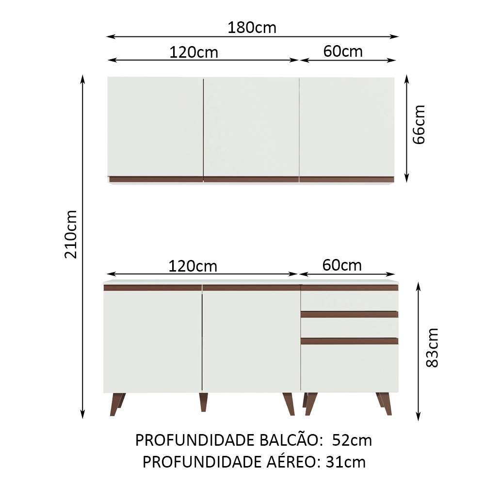 Armário de Cozinha Compacta Madesa Reims com Balcão 5 Portas 3 Gavetas - Branco