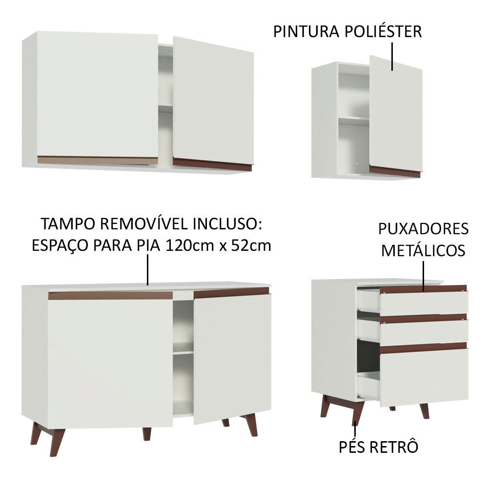 Armário de Cozinha Compacta Madesa Reims com Balcão 5 Portas 3 Gavetas - Branco