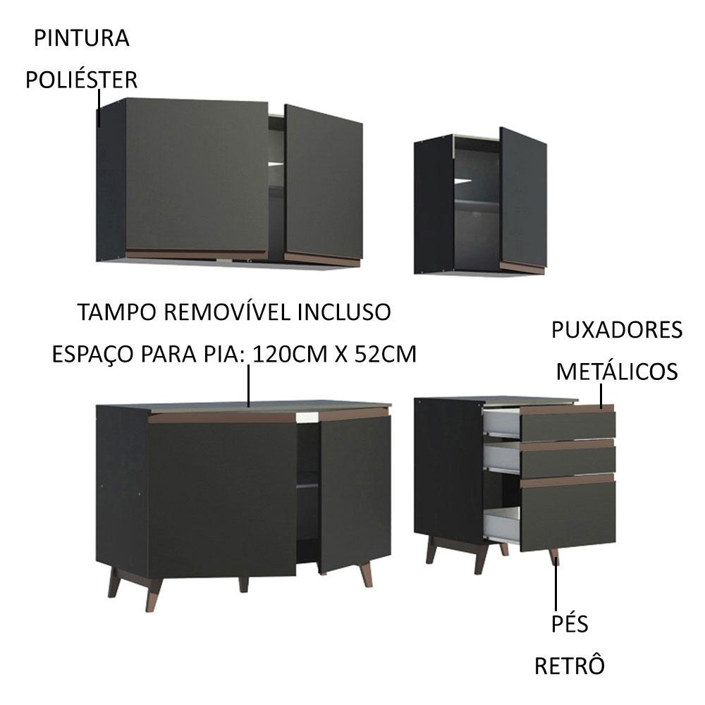 Armário de Cozinha Compacta Madesa Reims com Balcão 5 Portas 3 Gavetas - Preto