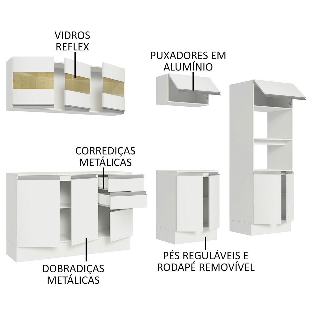 Armário de Cozinha Completa 100% MDF 250 cm Frentes Branco Smart Madesa 02