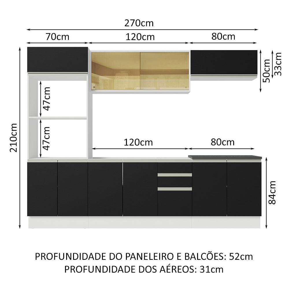 Armário de Cozinha Completa 100% MDF 270cm Branco/Preto Acordes Madesa 07