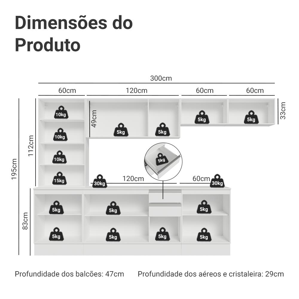 Armário de Cozinha Completa 100% MDF 300 cm Branco Smart Madesa 04