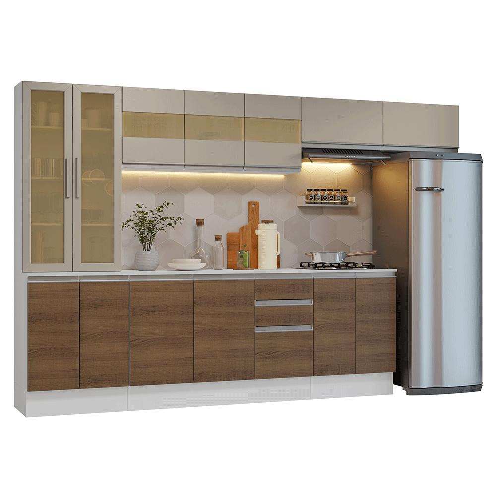 Armário de Cozinha Completa 100% MDF 300 cm Branco/Rustic/Crema Smart Madesa 04