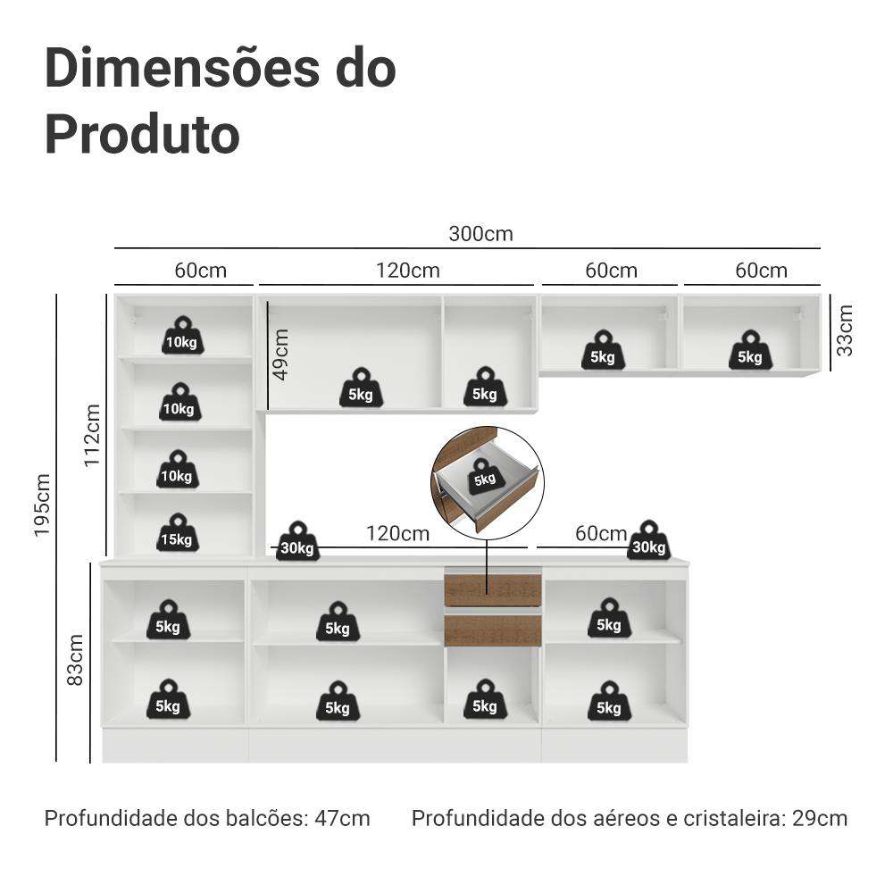 Armário de Cozinha Completa 100% MDF 300 cm Branco/Rustic/Crema Smart Madesa 04