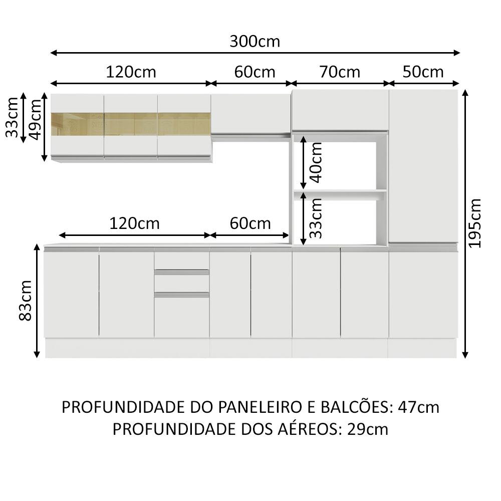 Armário de Cozinha Completa 100% MDF 300cm Frentes Branco Smart Madesa 02