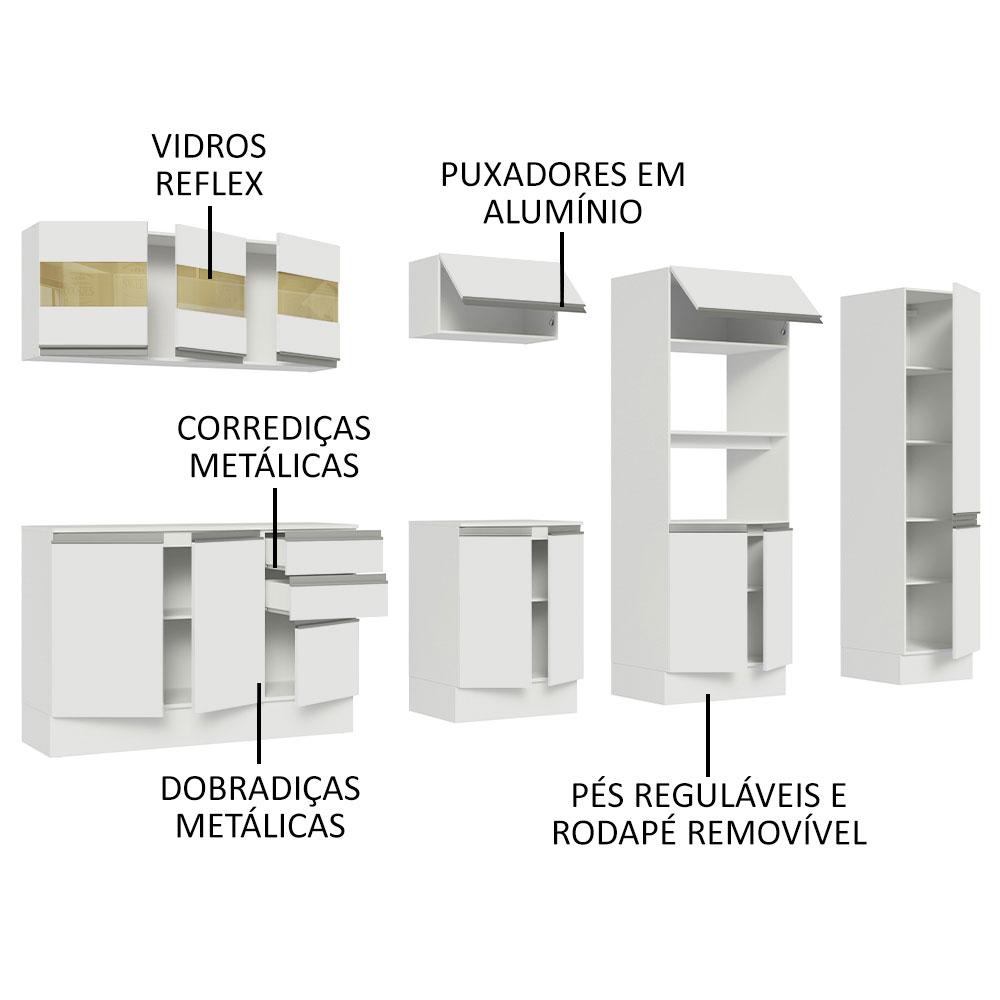 Armário de Cozinha Completa 100% MDF 300cm Frentes Branco Smart Madesa 02