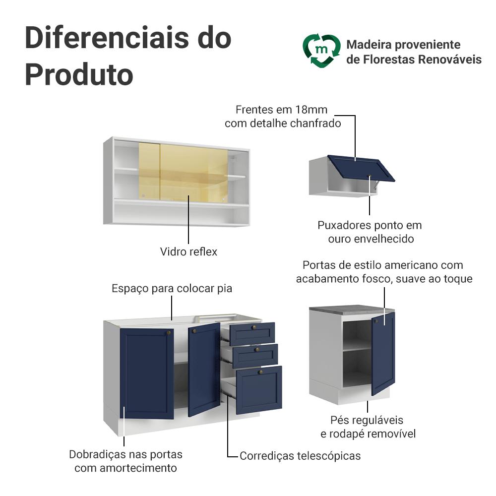 Armário de Cozinha Completa 180 cm Branco/Azul Vik Madesa 05