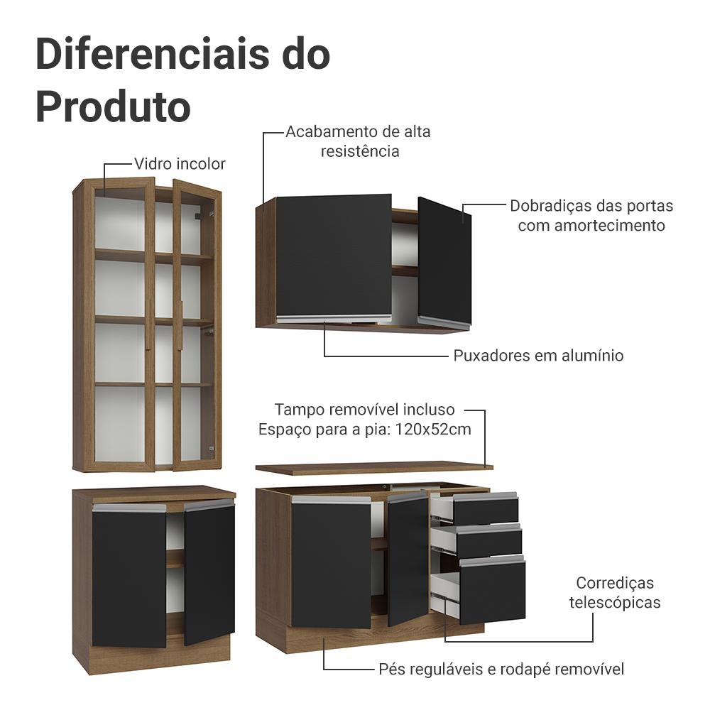 Armário de Cozinha Completa 190cm Rustic/Preto Glamy Madesa 05