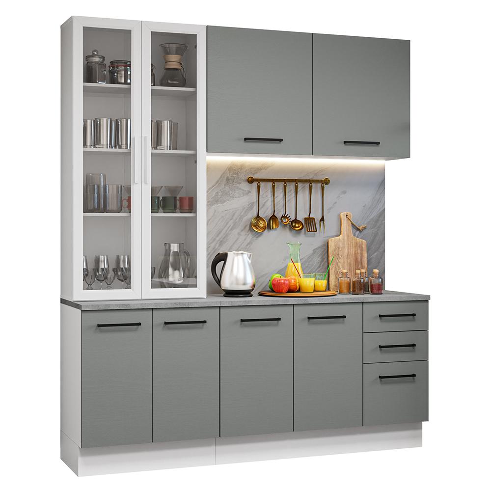 Armário de Cozinha Completa 190cm com Cristaleira Branco/Cinza Agata Madesa 01