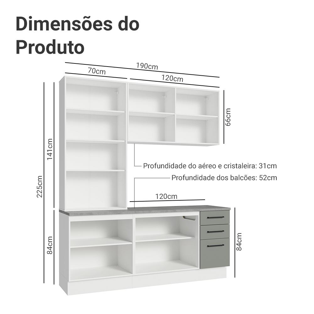 Armário de Cozinha Completa 190cm com Cristaleira Branco/Cinza Agata Madesa 01