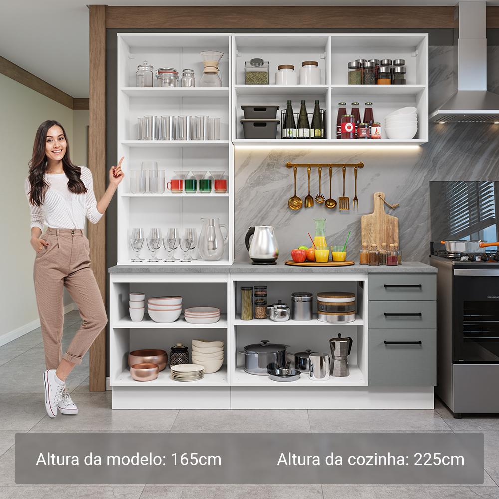 Armário de Cozinha Completa 190cm com Cristaleira Branco/Cinza Agata Madesa 01