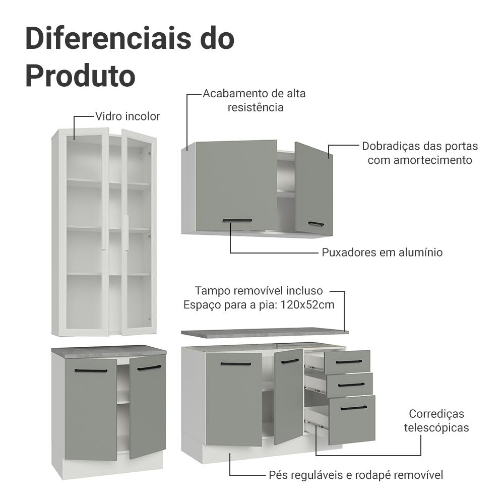 Armário de Cozinha Completa 190cm com Cristaleira Branco/Cinza Agata Madesa 01