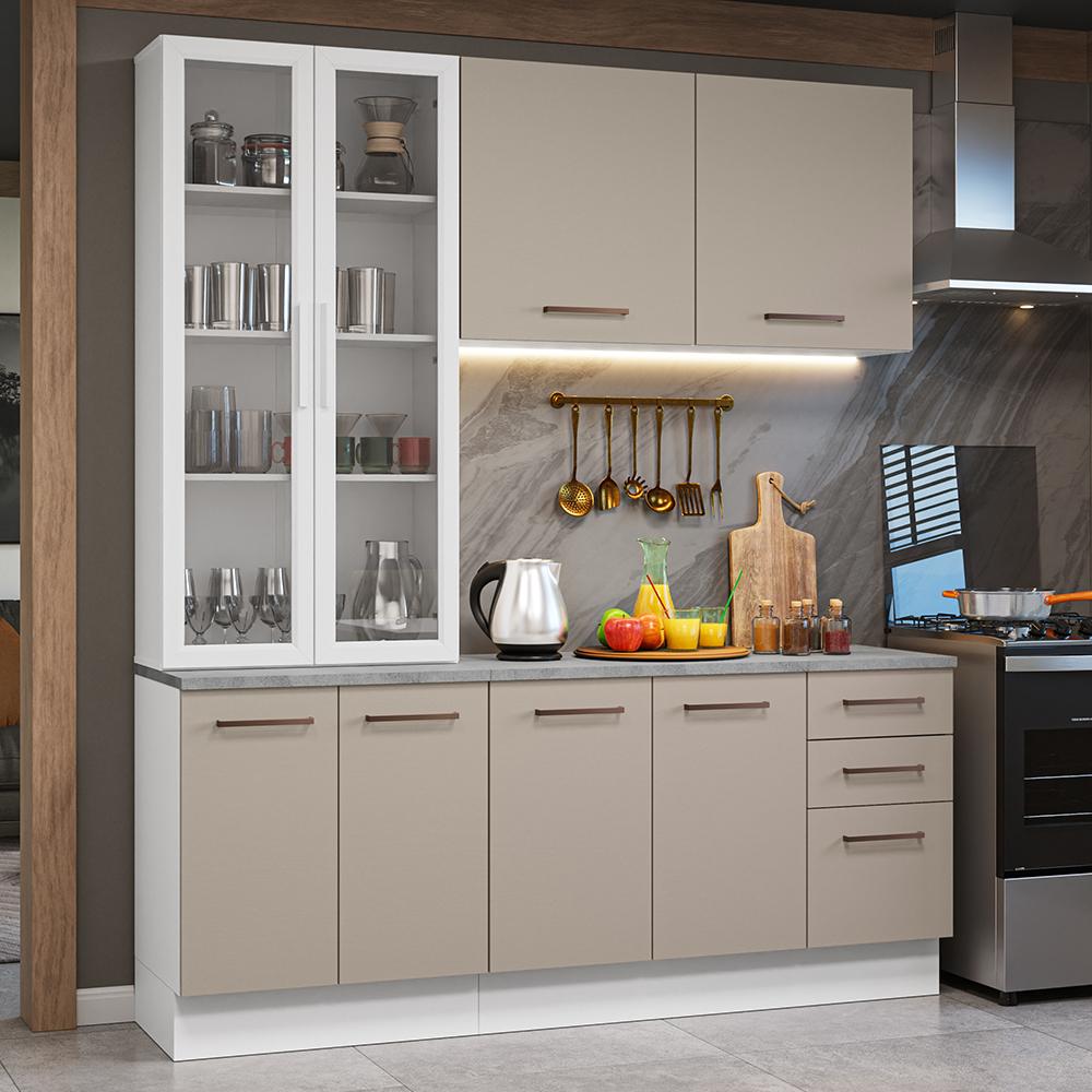 Armário de Cozinha Completa 190cm com Cristaleira Branco/Crema Agata Madesa 01