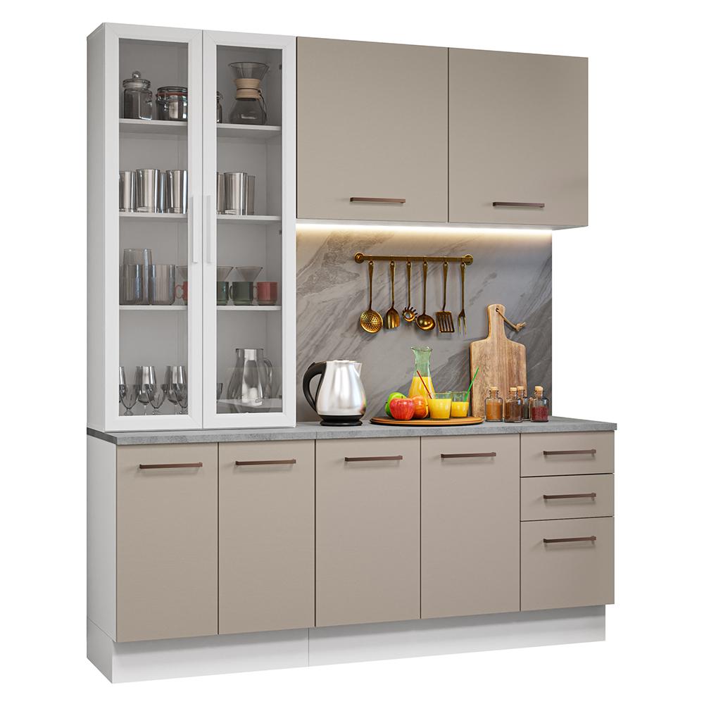 Armário de Cozinha Completa 190cm com Cristaleira Branco/Crema Agata Madesa 01