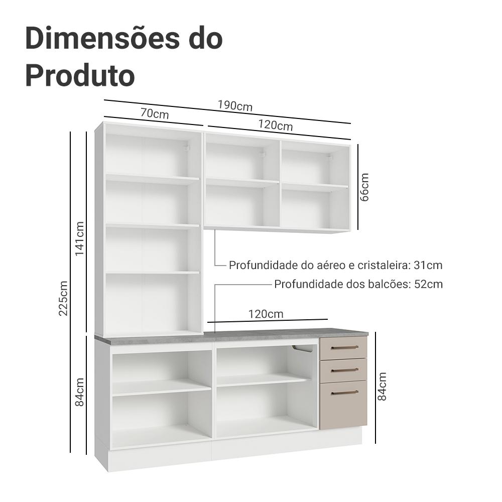 Armário de Cozinha Completa 190cm com Cristaleira Branco/Crema Agata Madesa 01