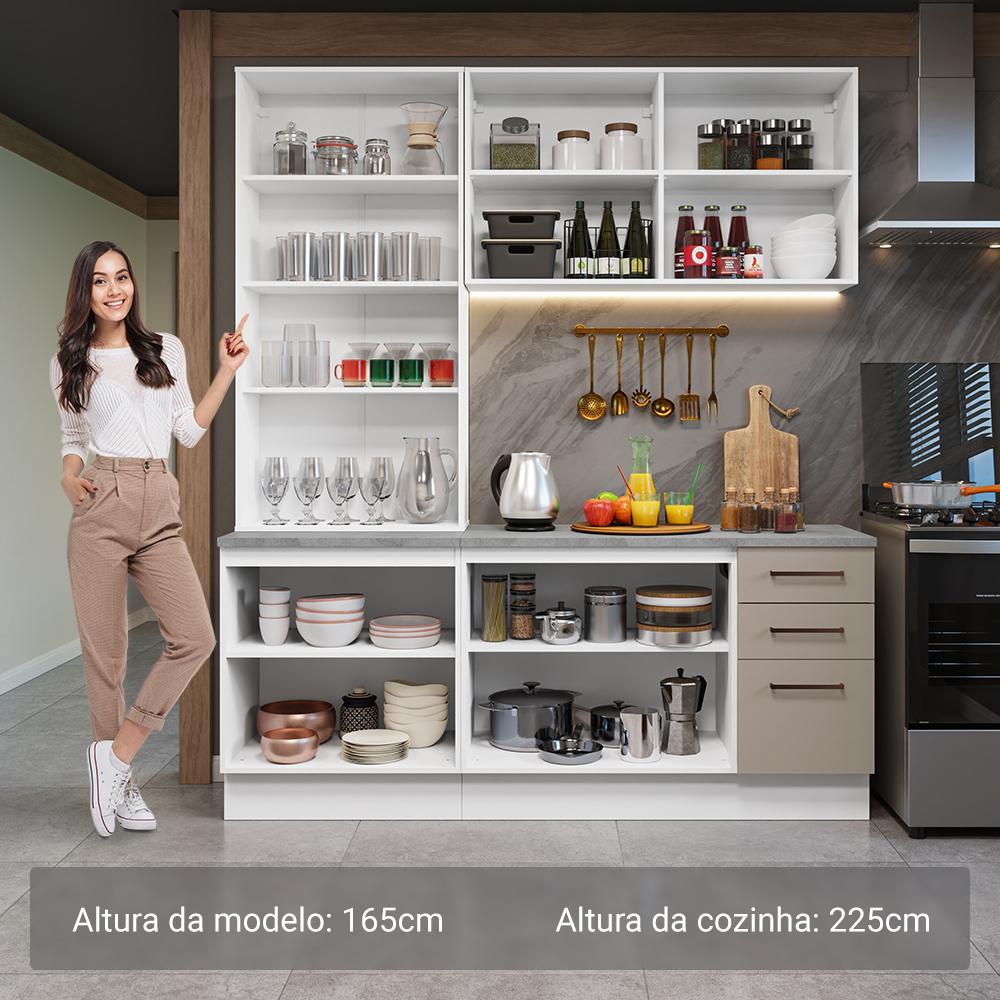 Armário de Cozinha Completa 190cm com Cristaleira Branco/Crema Agata Madesa 01