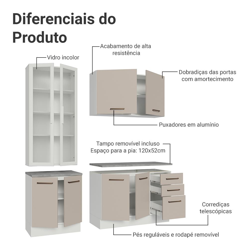 Armário de Cozinha Completa 190cm com Cristaleira Branco/Crema Agata Madesa 01