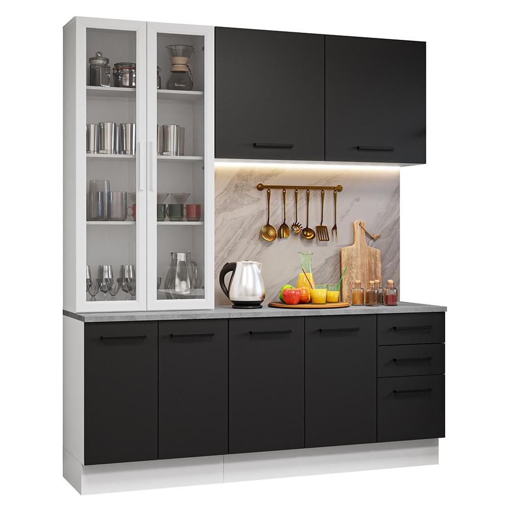 Armário de Cozinha Completa 190cm com Cristaleira Branco/Preto Agata Madesa 01
