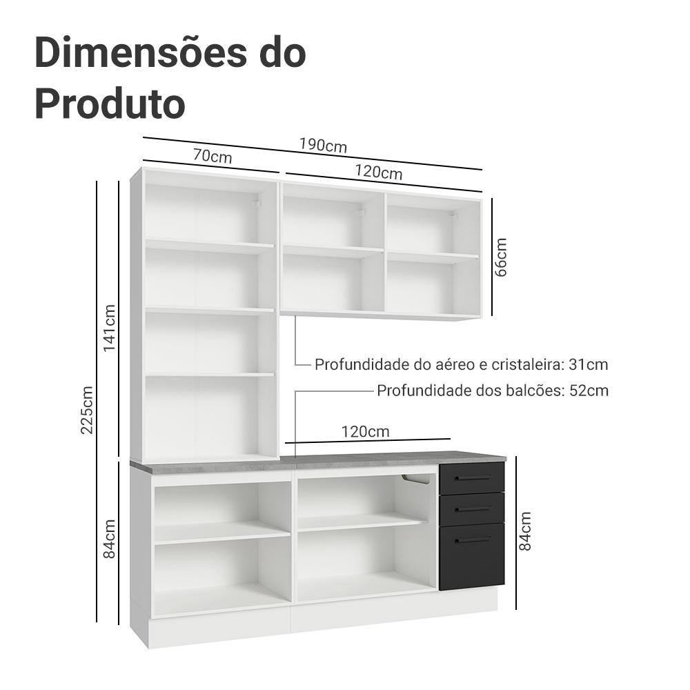 Armário de Cozinha Completa 190cm com Cristaleira Branco/Preto Agata Madesa 01