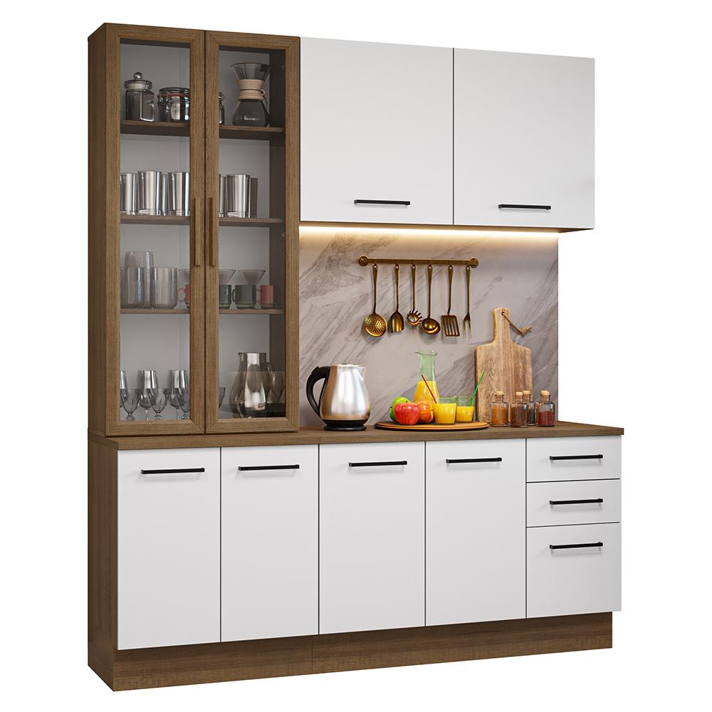 Armário de Cozinha Completa 190cm com Cristaleira Rustic/Branco Agata Madesa 01