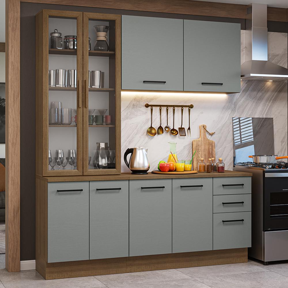 Armário de Cozinha Completa 190cm com Cristaleira Rustic/Cinza Agata Madesa 01