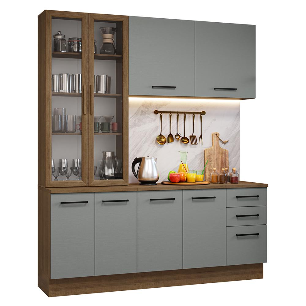 Armário de Cozinha Completa 190cm com Cristaleira Rustic/Cinza Agata Madesa 01