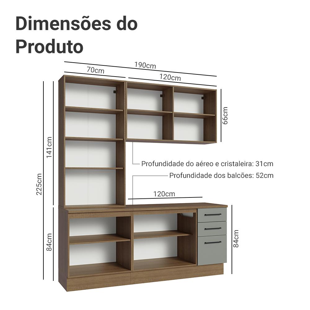 Armário de Cozinha Completa 190cm com Cristaleira Rustic/Cinza Agata Madesa 01