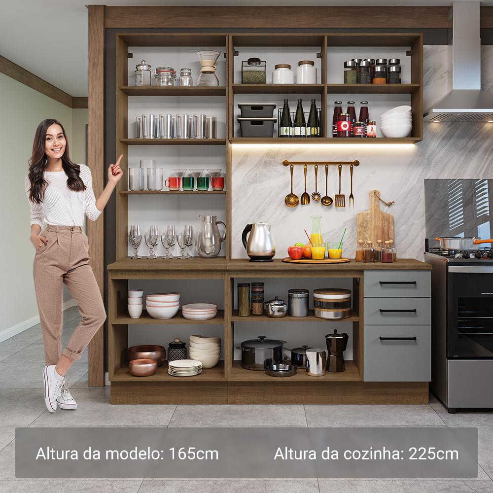 Armário de Cozinha Completa 190cm com Cristaleira Rustic/Cinza Agata Madesa 01