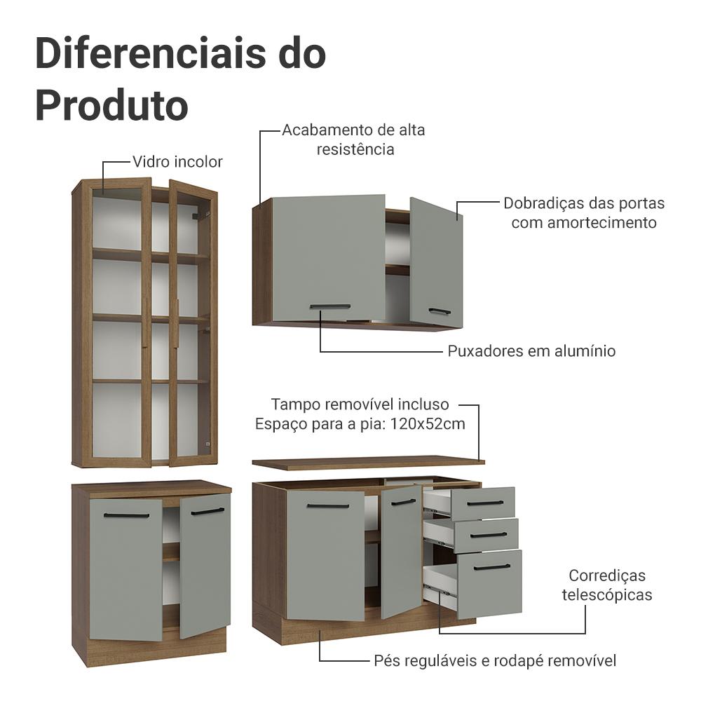 Armário de Cozinha Completa 190cm com Cristaleira Rustic/Cinza Agata Madesa 01