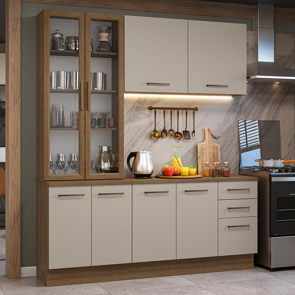 Armário de Cozinha Completa 190cm com Cristaleira Rustic/Crema Agata Madesa 01
