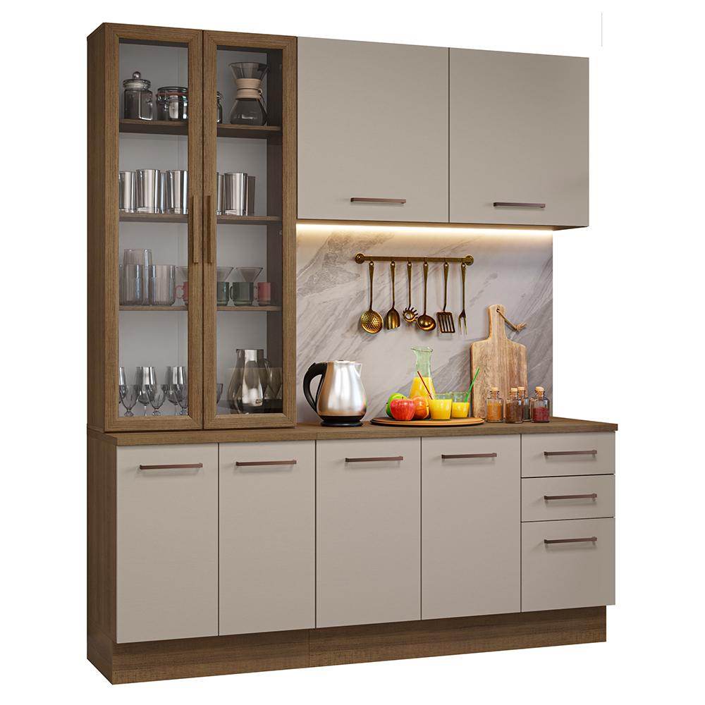 Armário de Cozinha Completa 190cm com Cristaleira Rustic/Crema Agata Madesa 01