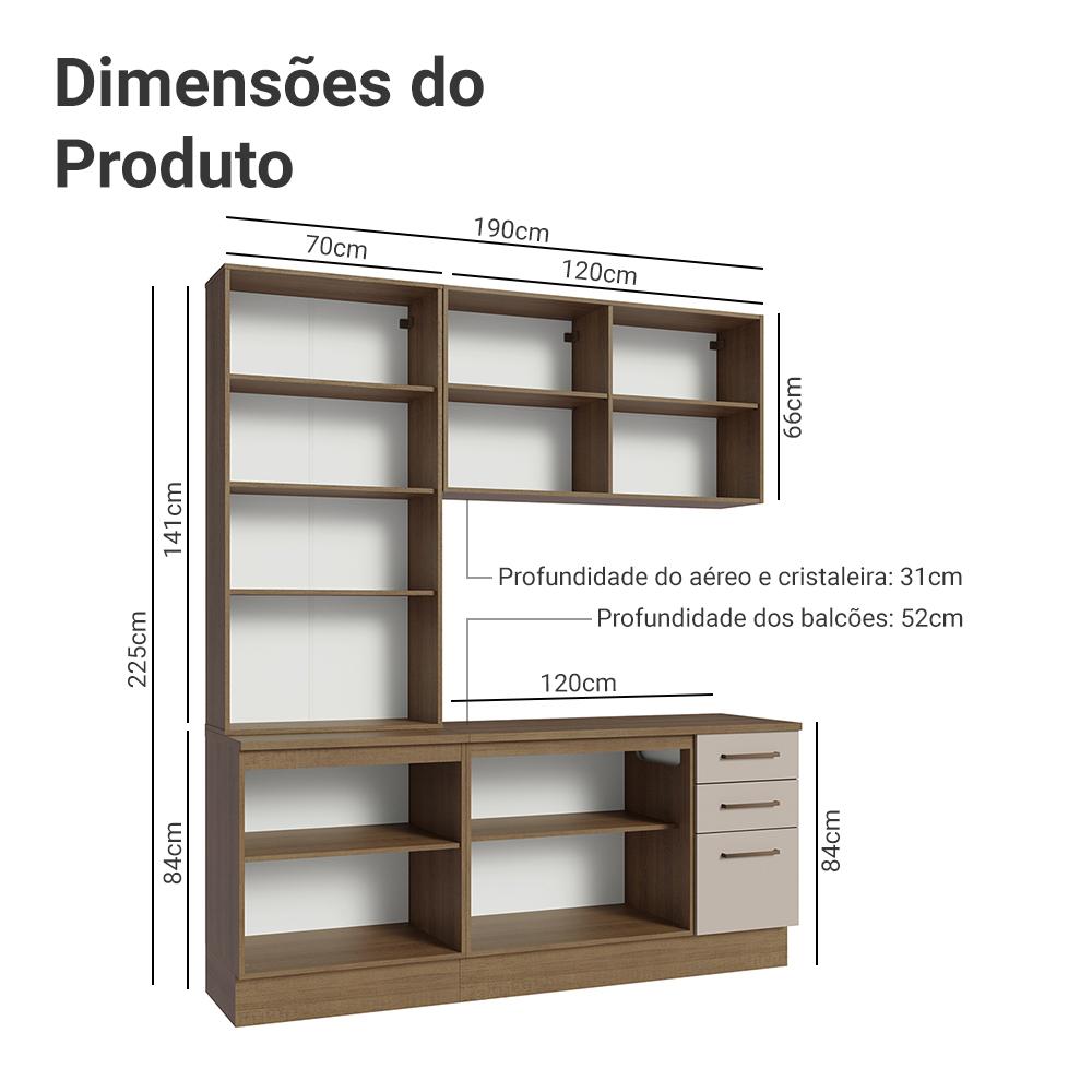 Armário de Cozinha Completa 190cm com Cristaleira Rustic/Crema Agata Madesa 01
