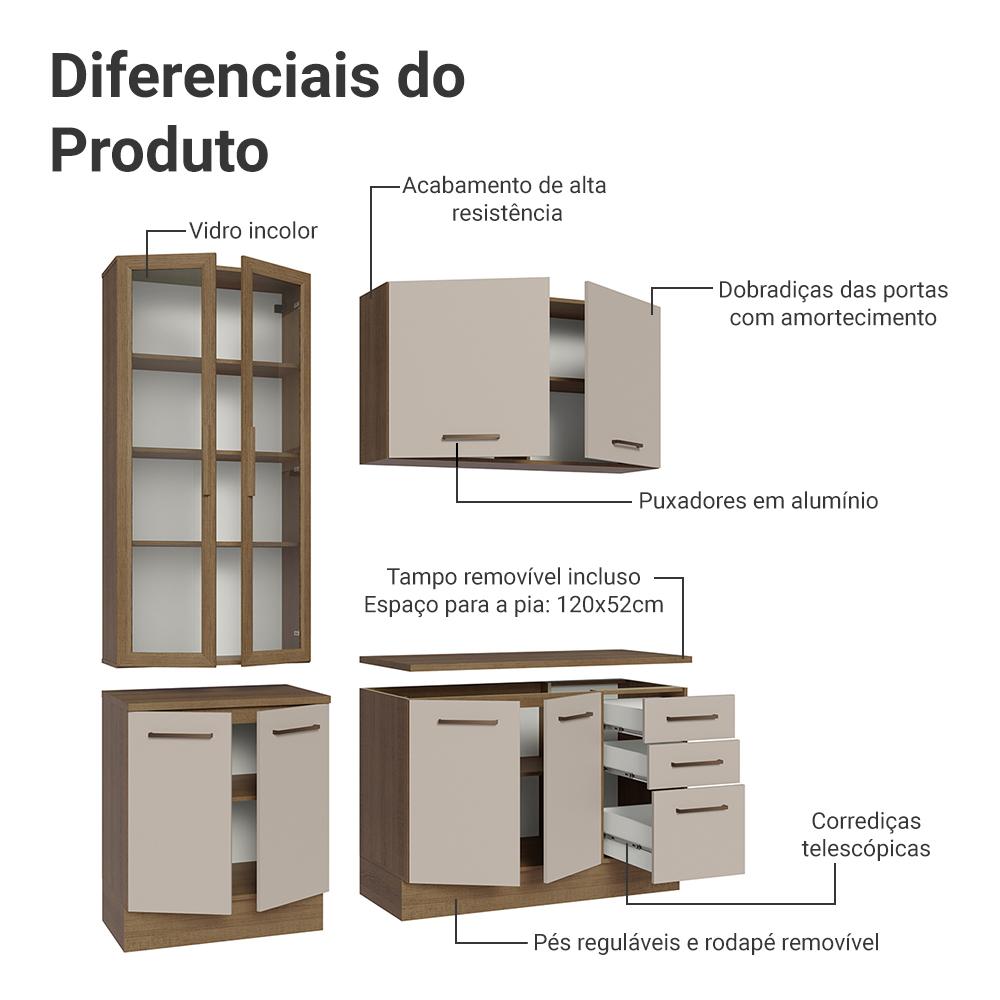 Armário de Cozinha Completa 190cm com Cristaleira Rustic/Crema Agata Madesa 01