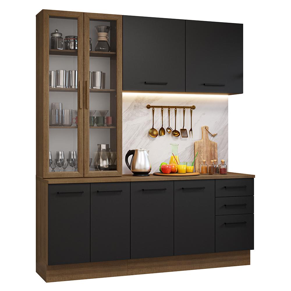 Armário de Cozinha Completa 190cm com Cristaleira Rustic/Preto Agata Madesa 01