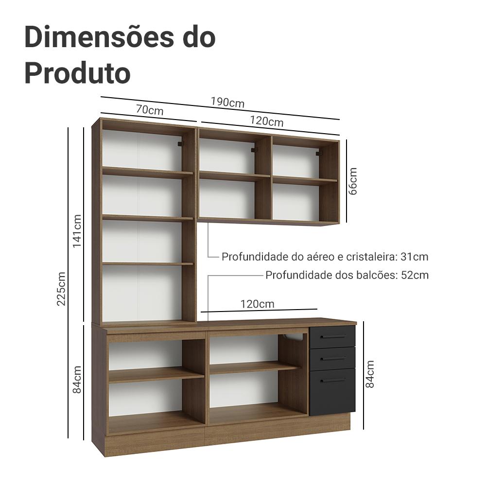 Armário de Cozinha Completa 190cm com Cristaleira Rustic/Preto Agata Madesa 01