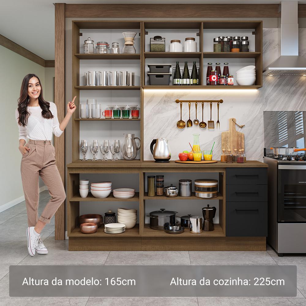 Armário de Cozinha Completa 190cm com Cristaleira Rustic/Preto Agata Madesa 01