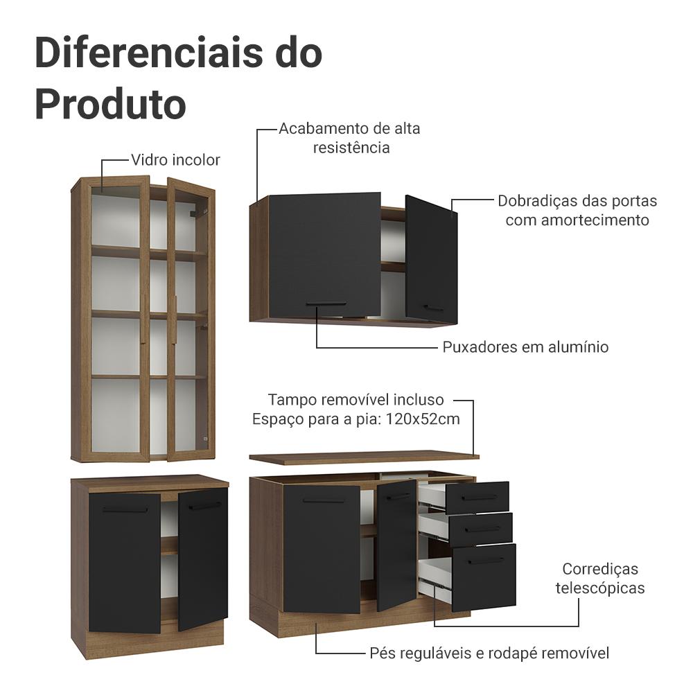 Armário de Cozinha Completa 190cm com Cristaleira Rustic/Preto Agata Madesa 01