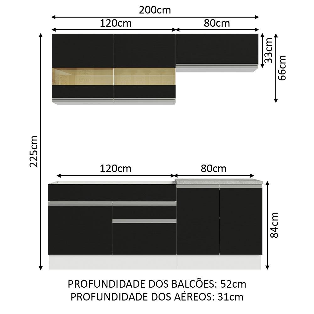 Armário de Cozinha Completa 200cm Branco/Preto Glamy Madesa 07