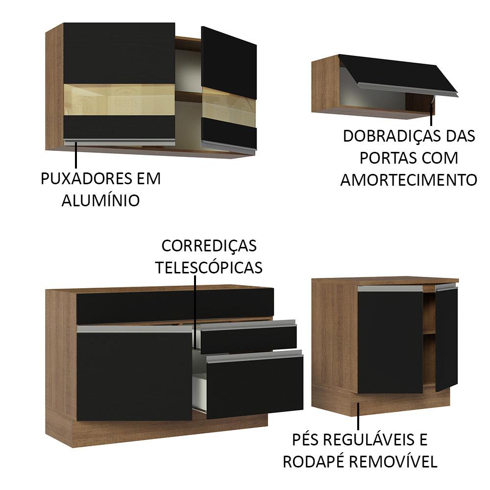 Armário de Cozinha Completa 200cm Rustic/Preto Glamy Madesa 07